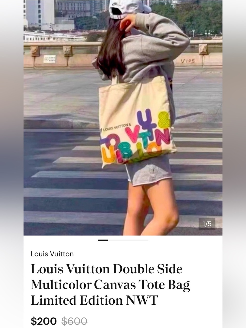 Louis Vuitton White Canvas Tote with LV Graphics - Picture 5 of 7